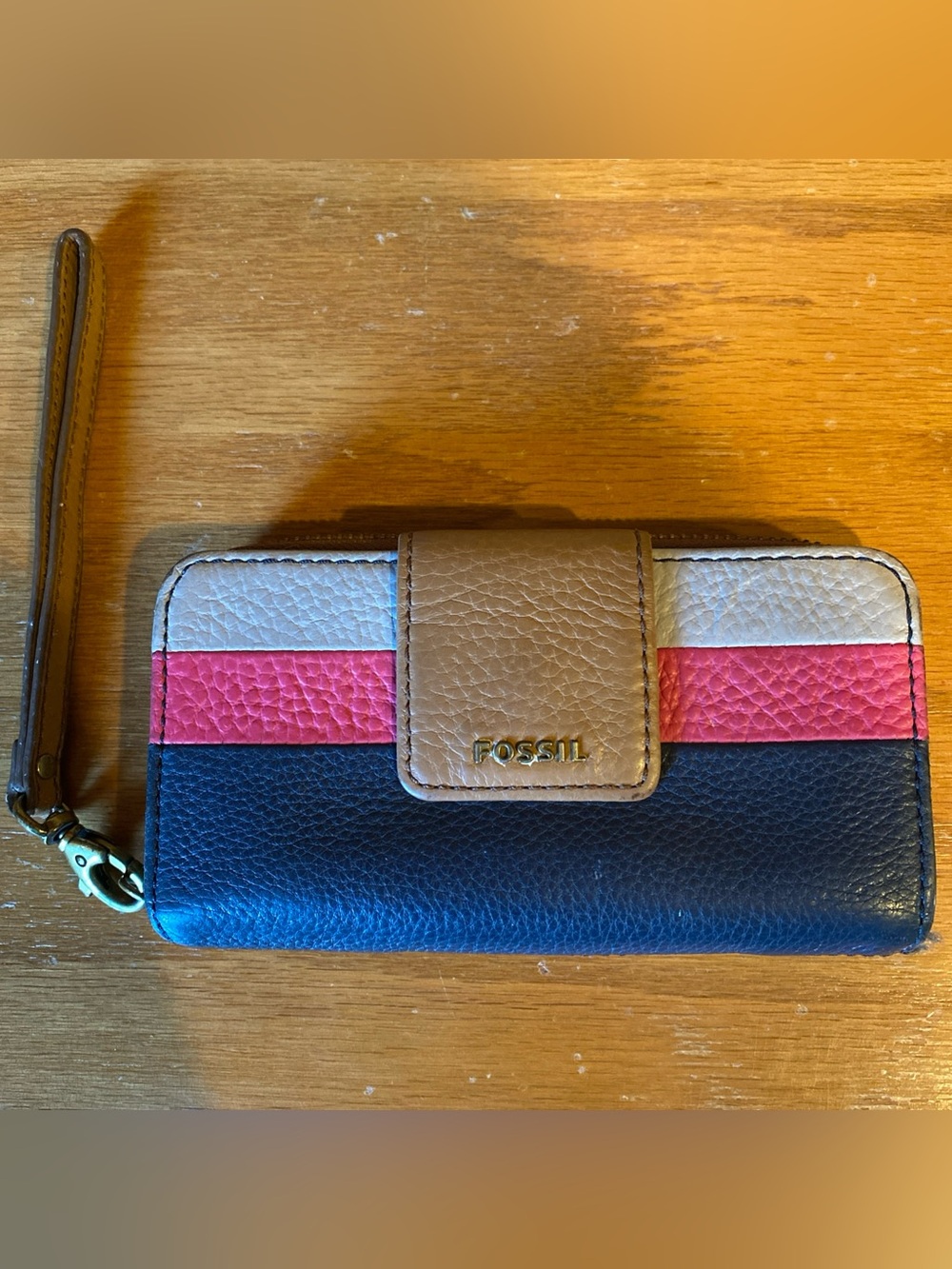 Fossil Striped Pebbled Leather Zip Clutch Wallet Wristlet Gold Hardware Blue